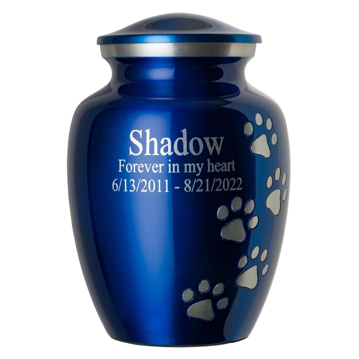 Sapphire blue personalized engraved pet urn